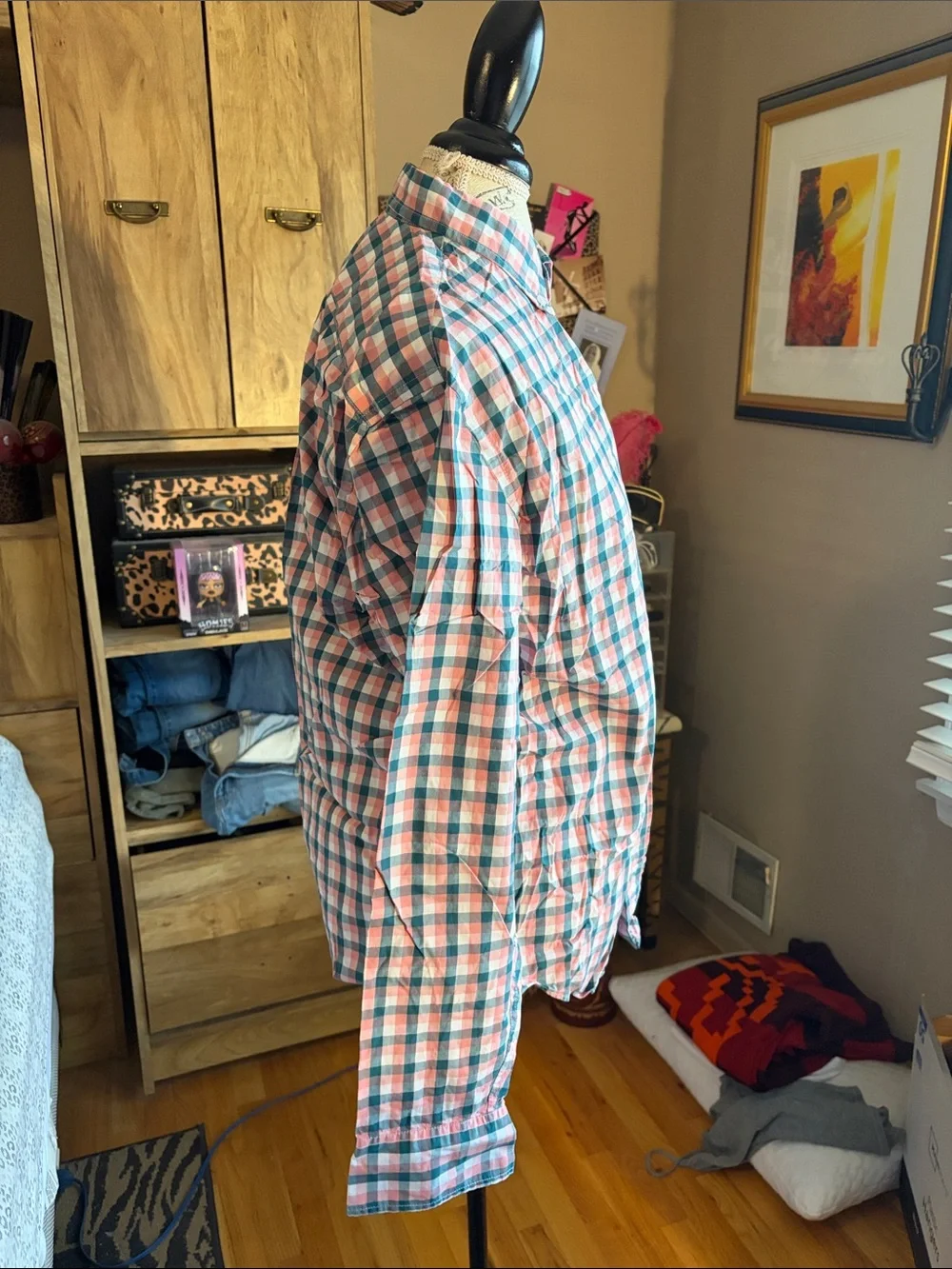 Men's J Crew Pink and Teal Plaid Button-Down Shirt - Medium